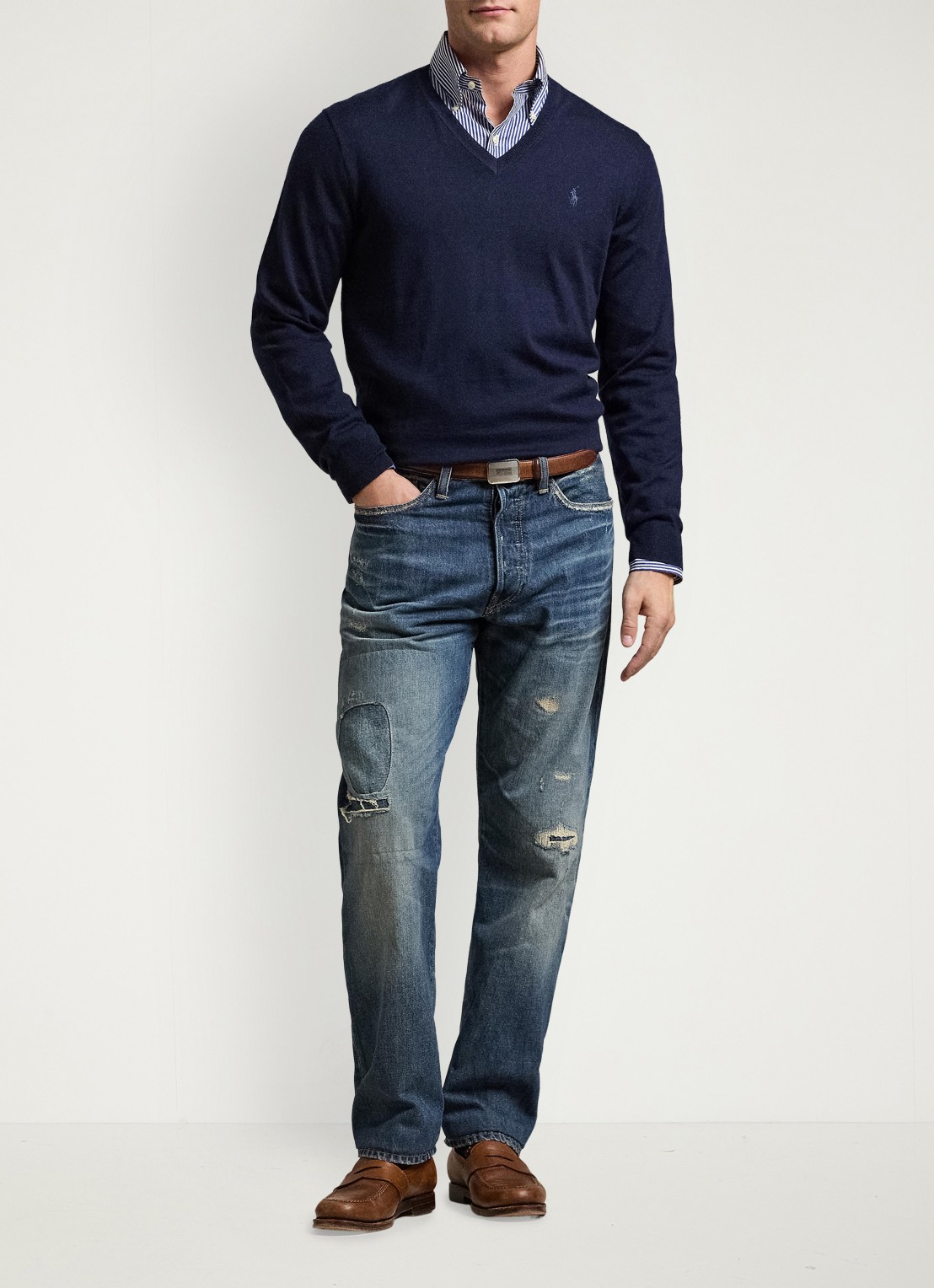 Ralph Lauren Fijngebreide pullover van wol met V-hals - detail donkerblauw