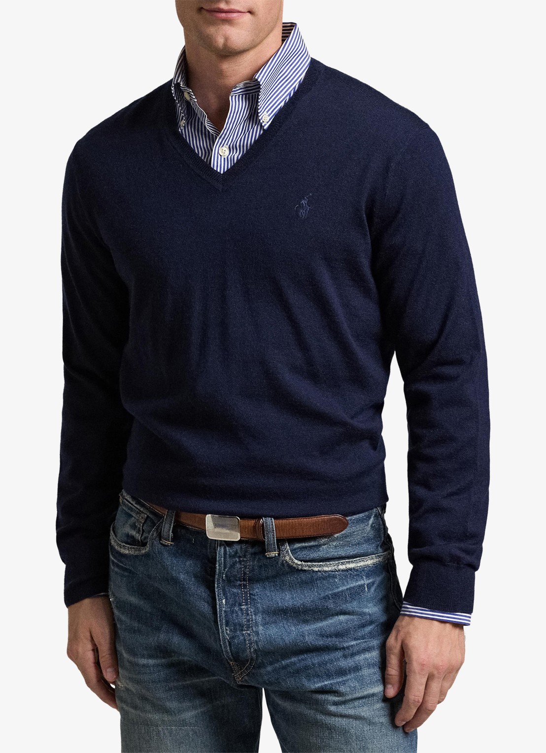 Ralph Lauren Fijngebreide pullover van wol met V-hals - voorkant 5 donkerblauw