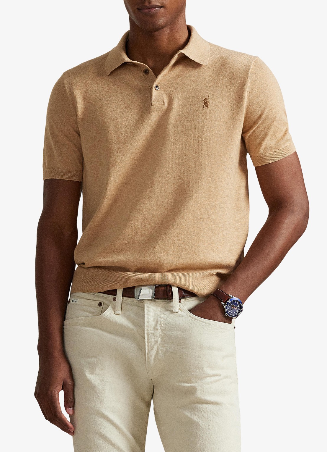 Ralph Lauren Fijngebreide slim fit polo met logo - voorkant 5 camel melange / camel