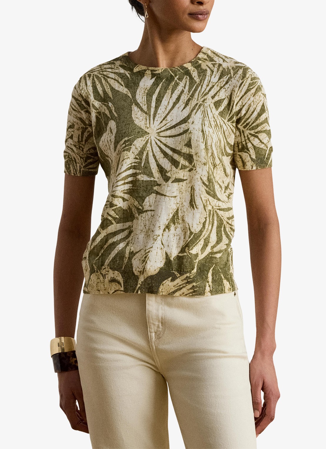 Ralph Lauren Fijngebreide top in linnenblend met bladprint - detail 4 olive multi / groen