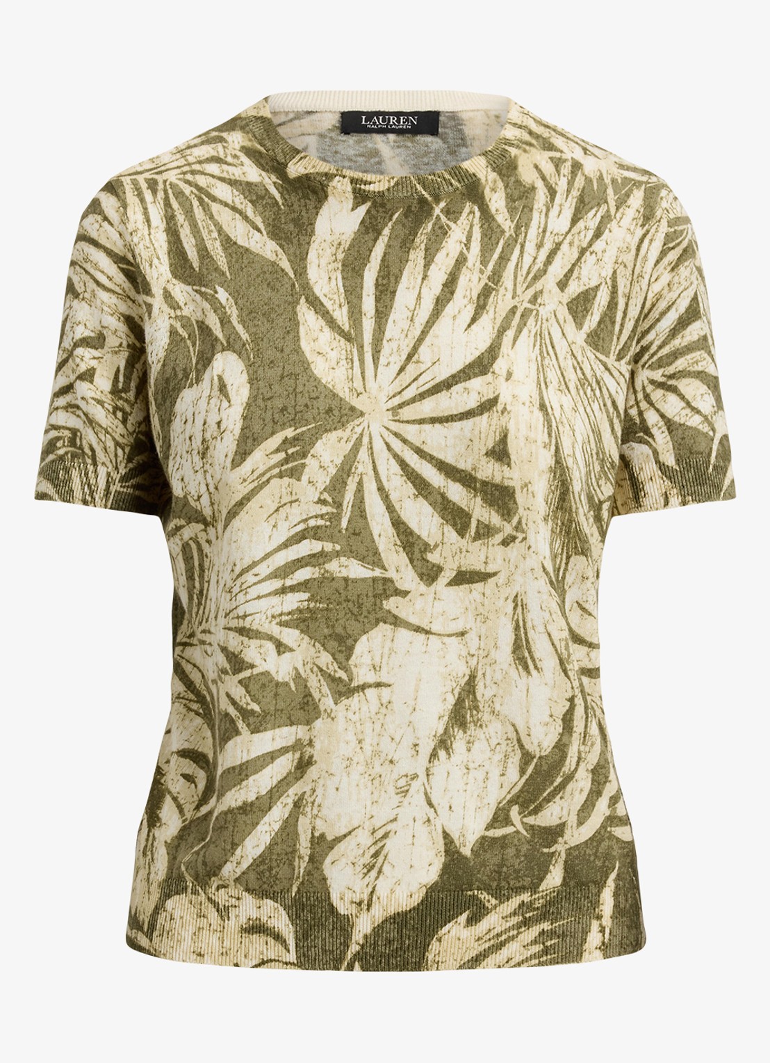 Ralph Lauren Fijngebreide top in linnenblend met bladprint - voorkant olive multi / groen