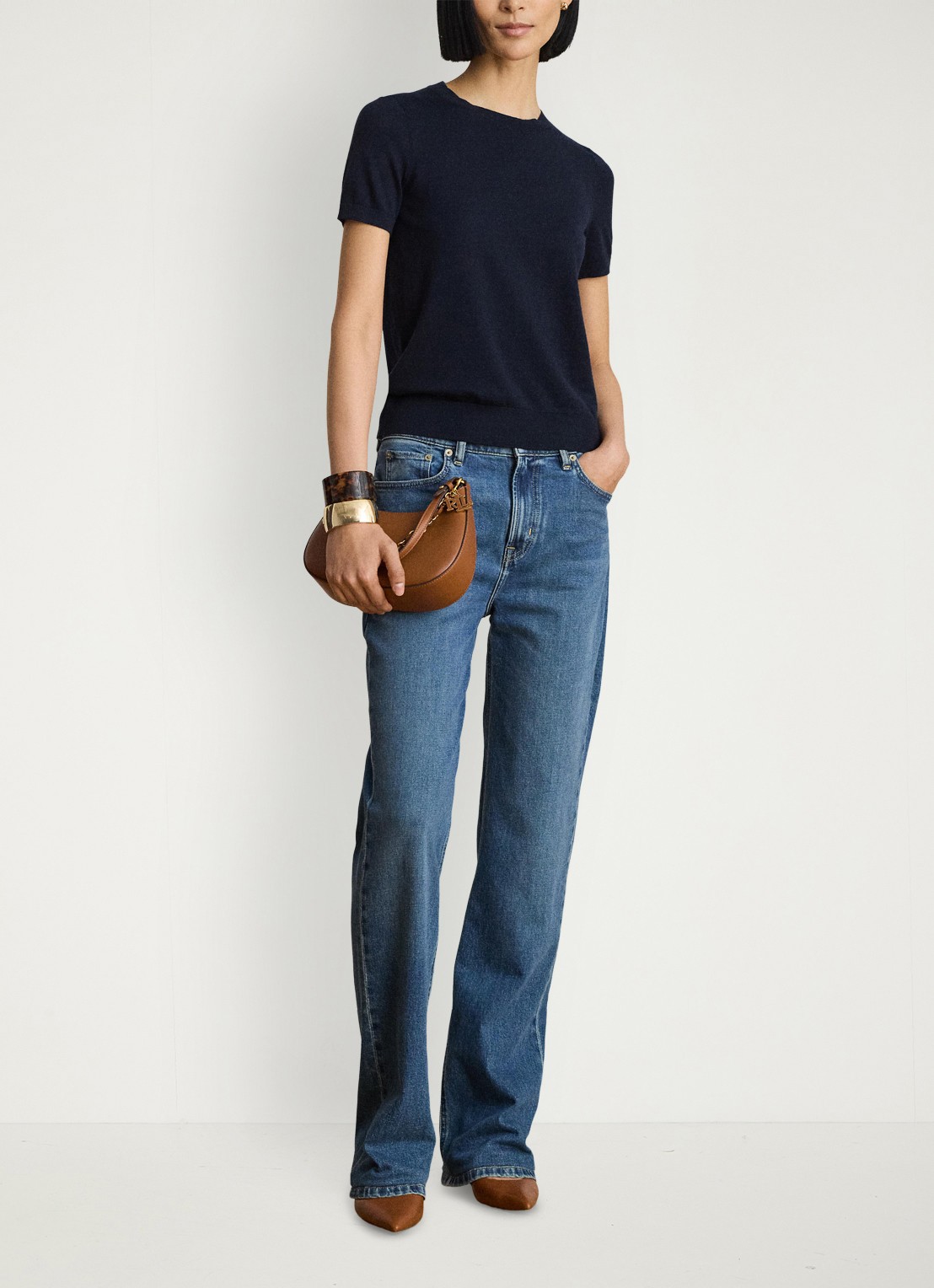 Ralph Lauren Fijngebreide top met logoborduring - voorkant 4 lauren navy / blauw