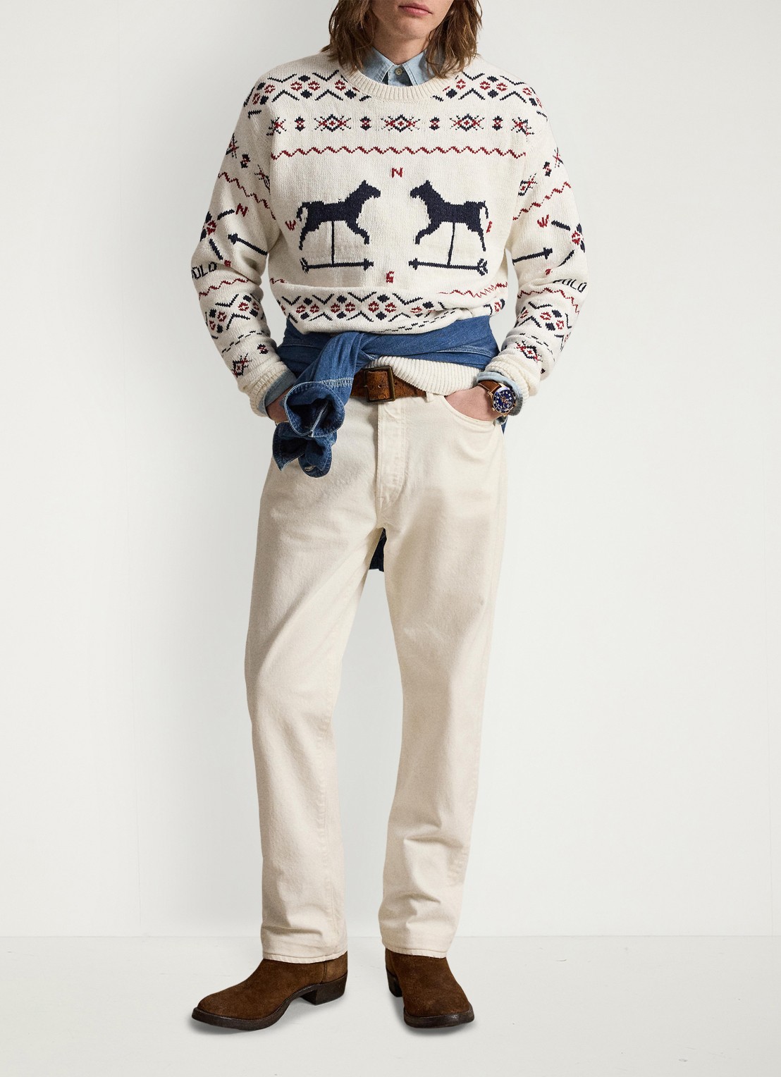 Ralph Lauren Fijngebreide trui in linnenblend met ingebreid patroon - voorkant 3 cream combo / creme