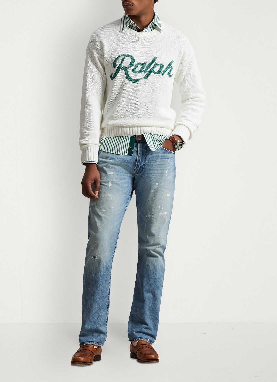 Ralph Lauren Fijngebreide trui in linnenblend met logoprint - voorkant 2 deckwash white combo-40jm