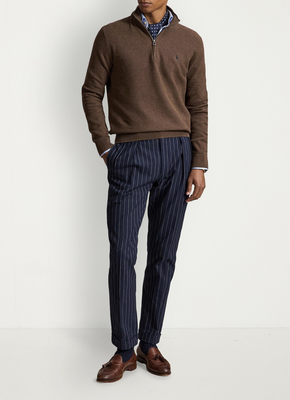 Ralph Lauren Fijngebreide trui met halve rits en logoborduring - voorkant 3 nutmeg brown / bruin