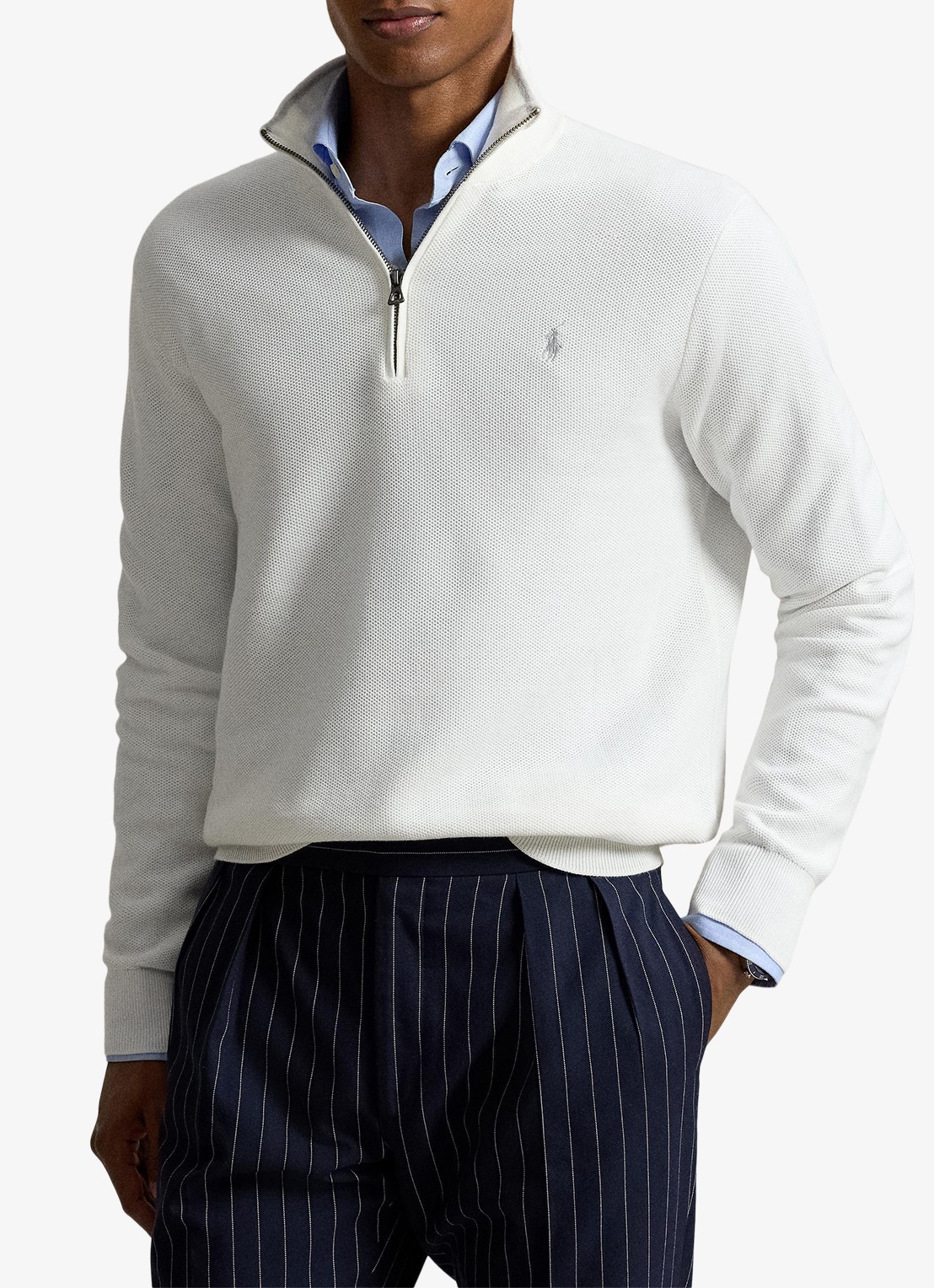 Ralph Lauren Fijngebreide trui met halve rits en logoborduring - voorkant 5 deckwash white / wit