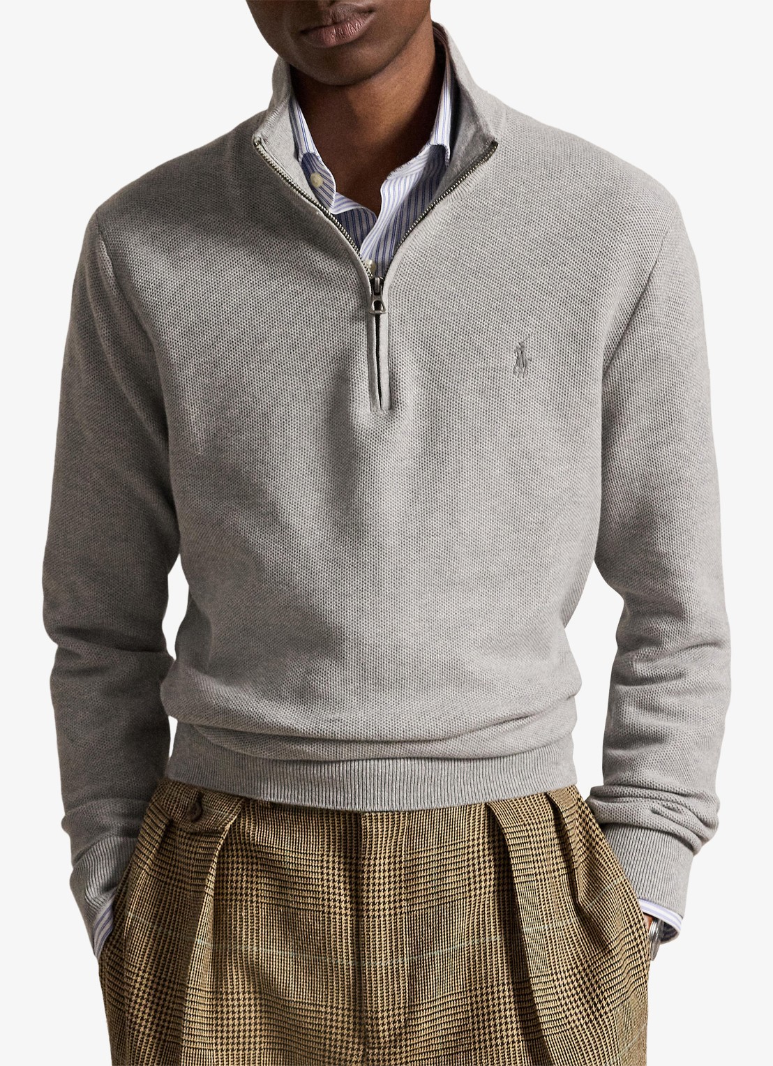Ralph Lauren Fijngebreide trui met halve rits en logoborduring - voorkant 2 andover heather / grijs