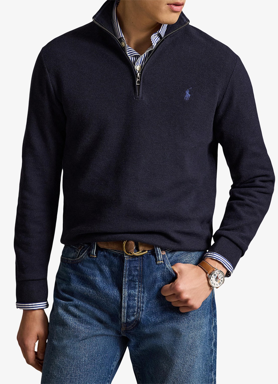 Ralph Lauren Fijngebreide trui met halve rits en logoborduring - detail 2 navy heather / blauw