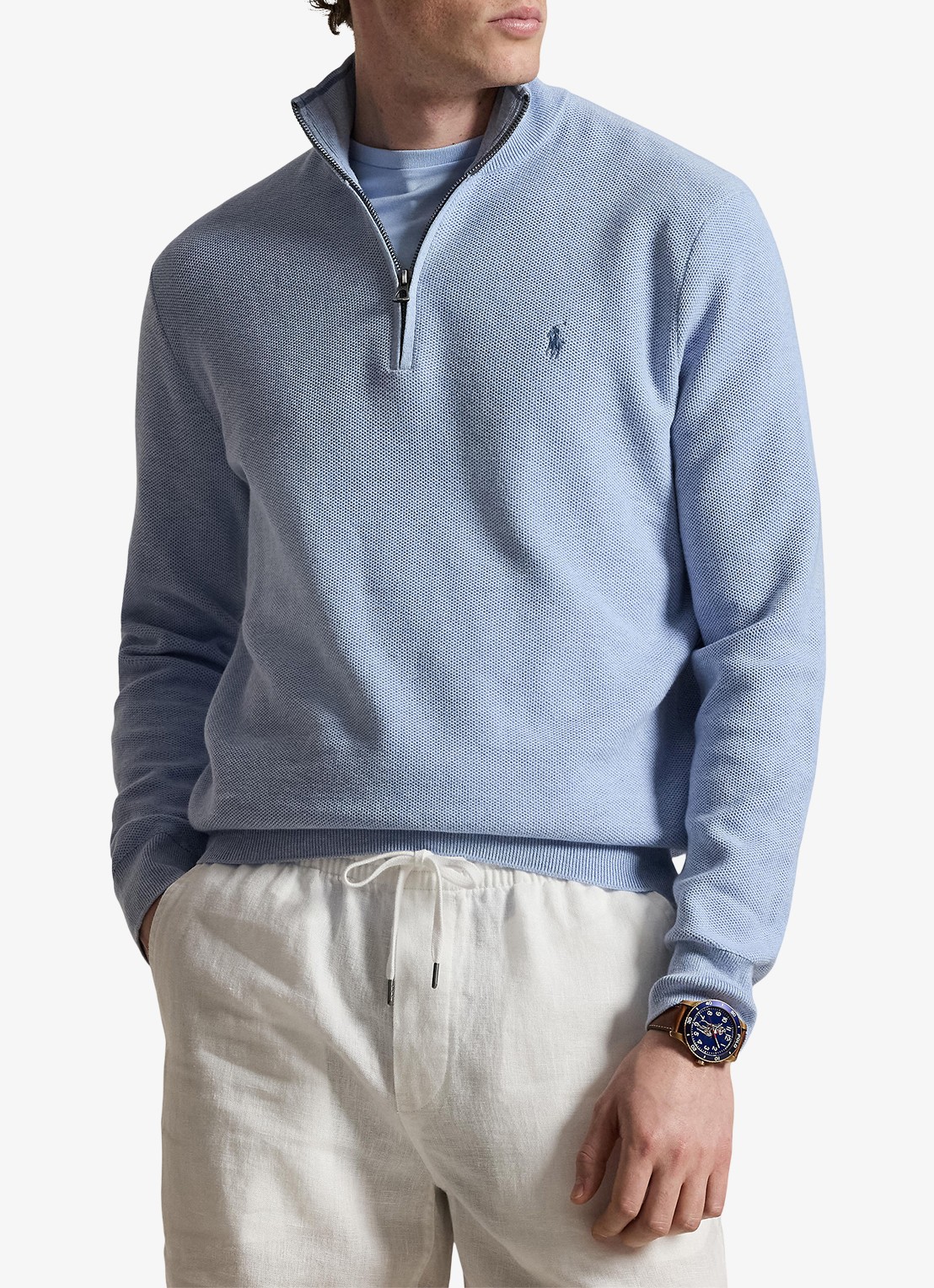 Ralph Lauren Fijngebreide trui met halve rits en logoborduring - detail 2 blue hyacith heather / blauw