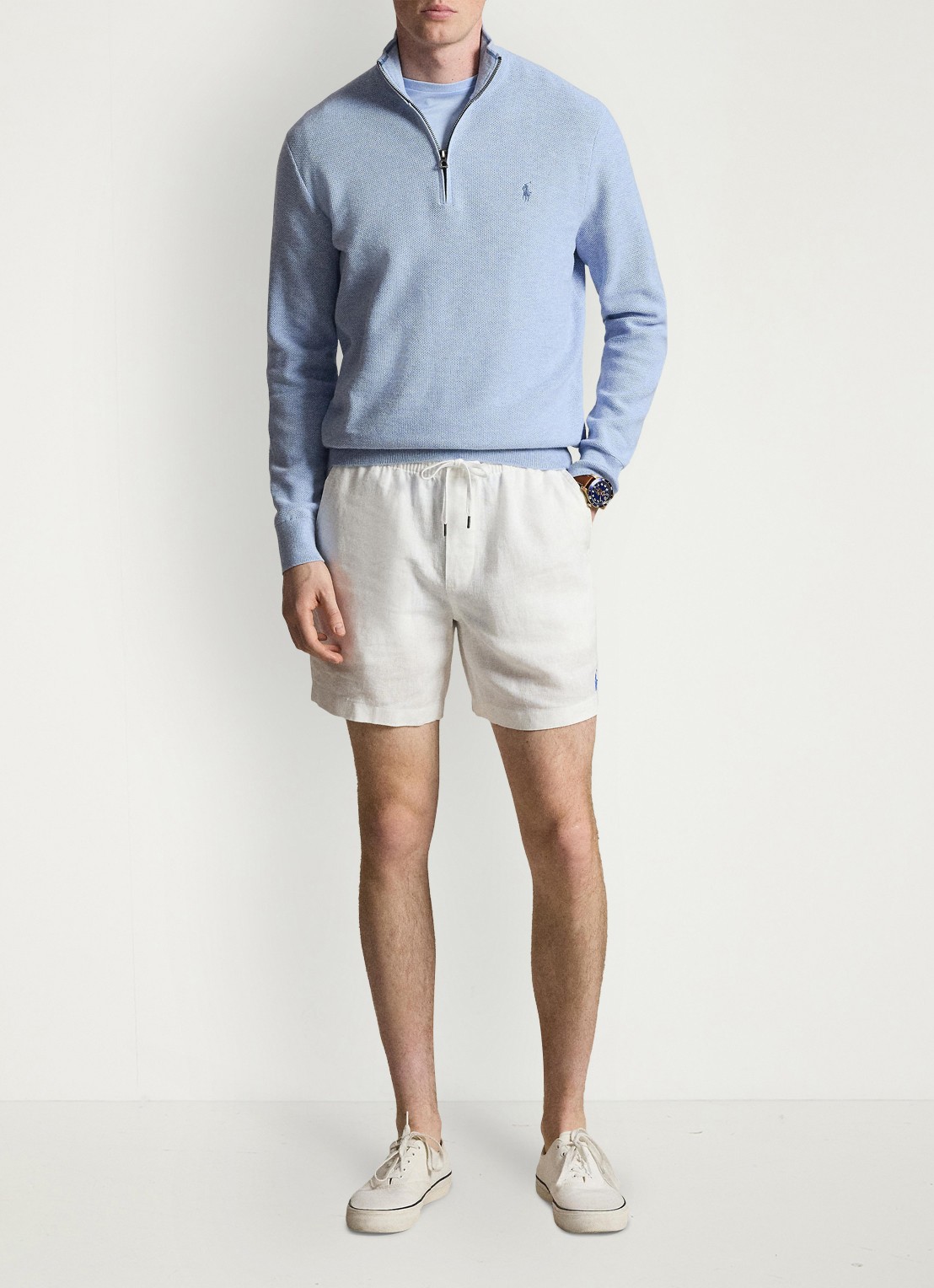 Ralph Lauren Fijngebreide trui met halve rits en logoborduring - voorkant 5 blue hyacith heather / blauw