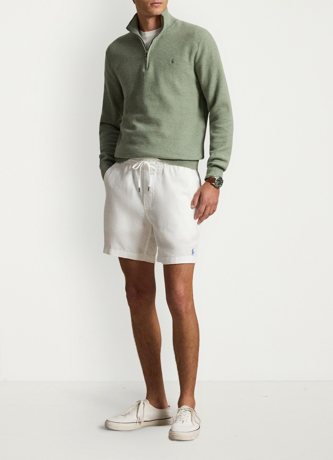 Ralph Lauren Fijngebreide trui met halve rits en logoborduring - voorkant 3 fern green heather / groen