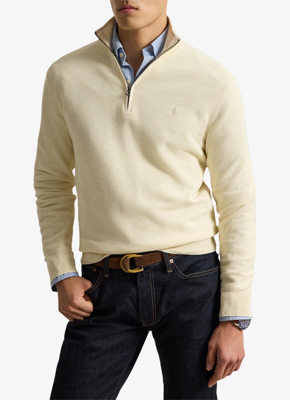 Ralph Lauren Fijngebreide trui met halve rits en logoborduring - voorkant 2 andover cream / crème