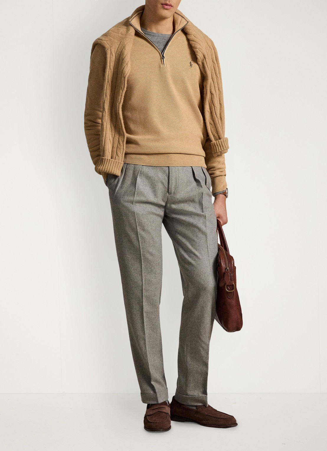 Ralph Lauren Fijngebreide trui met halve rits en logoborduring - detail camel melange / bruin