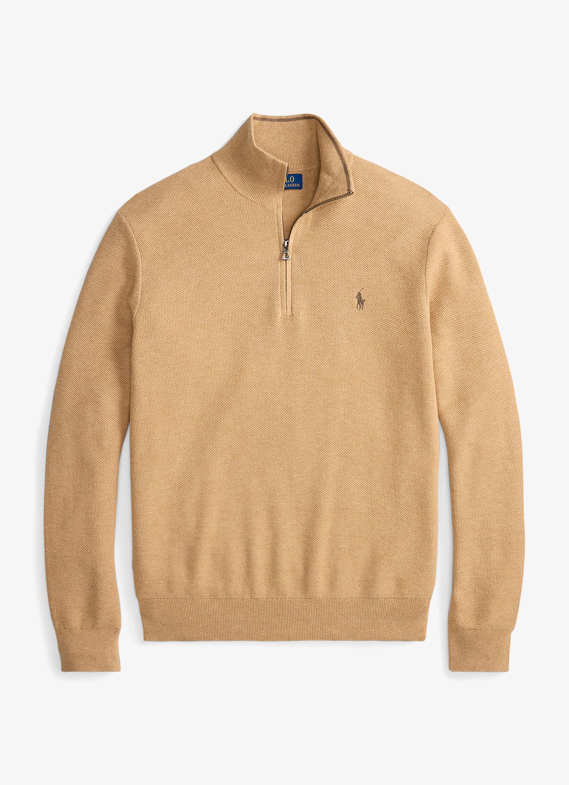 Ralph Lauren Fijngebreide trui met halve rits en logoborduring - voorkant 3 camel melange / bruin