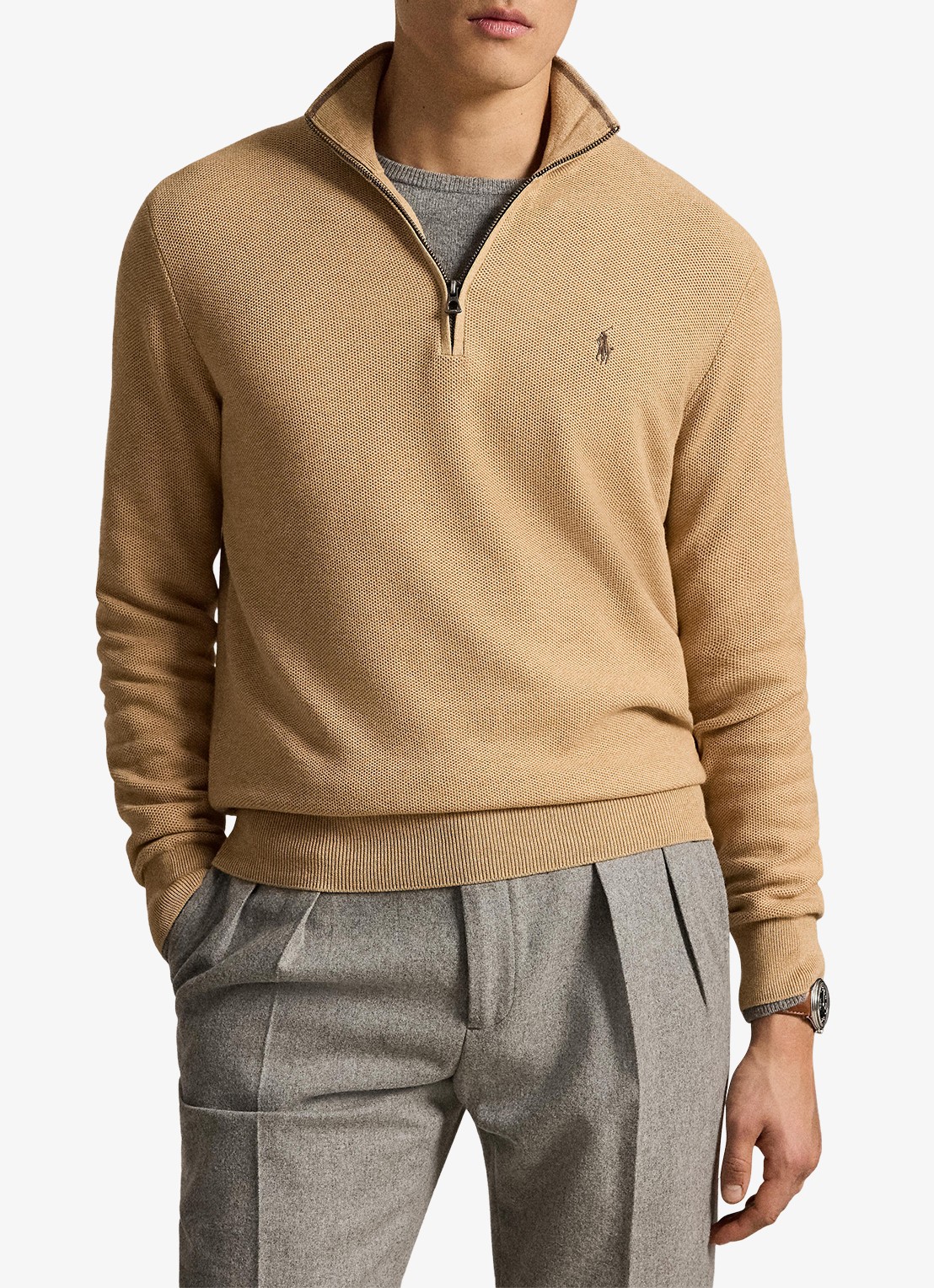 Ralph Lauren Fijngebreide trui met halve rits en logoborduring - voorkant 4 camel melange / bruin