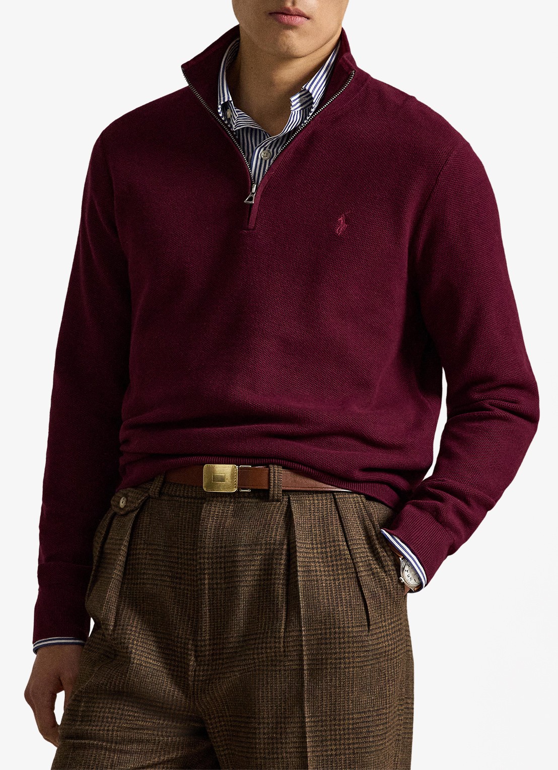 Ralph Lauren Fijngebreide trui met halve rits en logoborduring - voorkant 2 merlot wine heather / rood