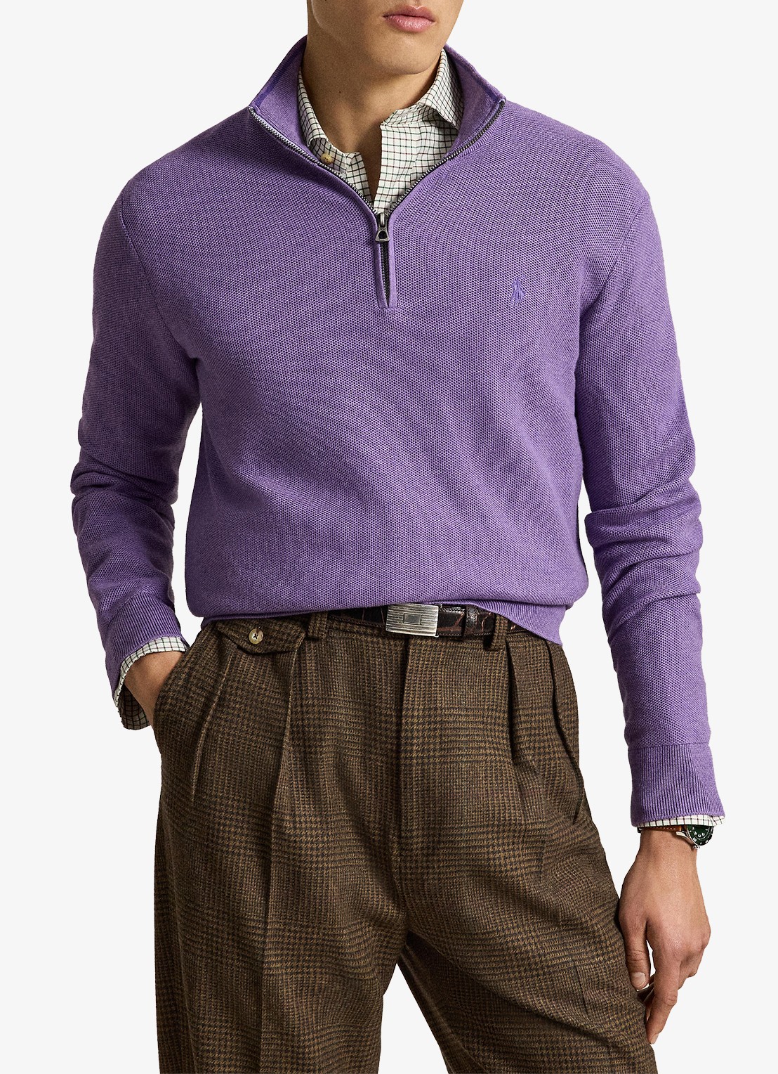 Ralph Lauren Fijngebreide trui met halve rits en logoborduring - voorkant 2 light coronet purple heather / lichtpaars