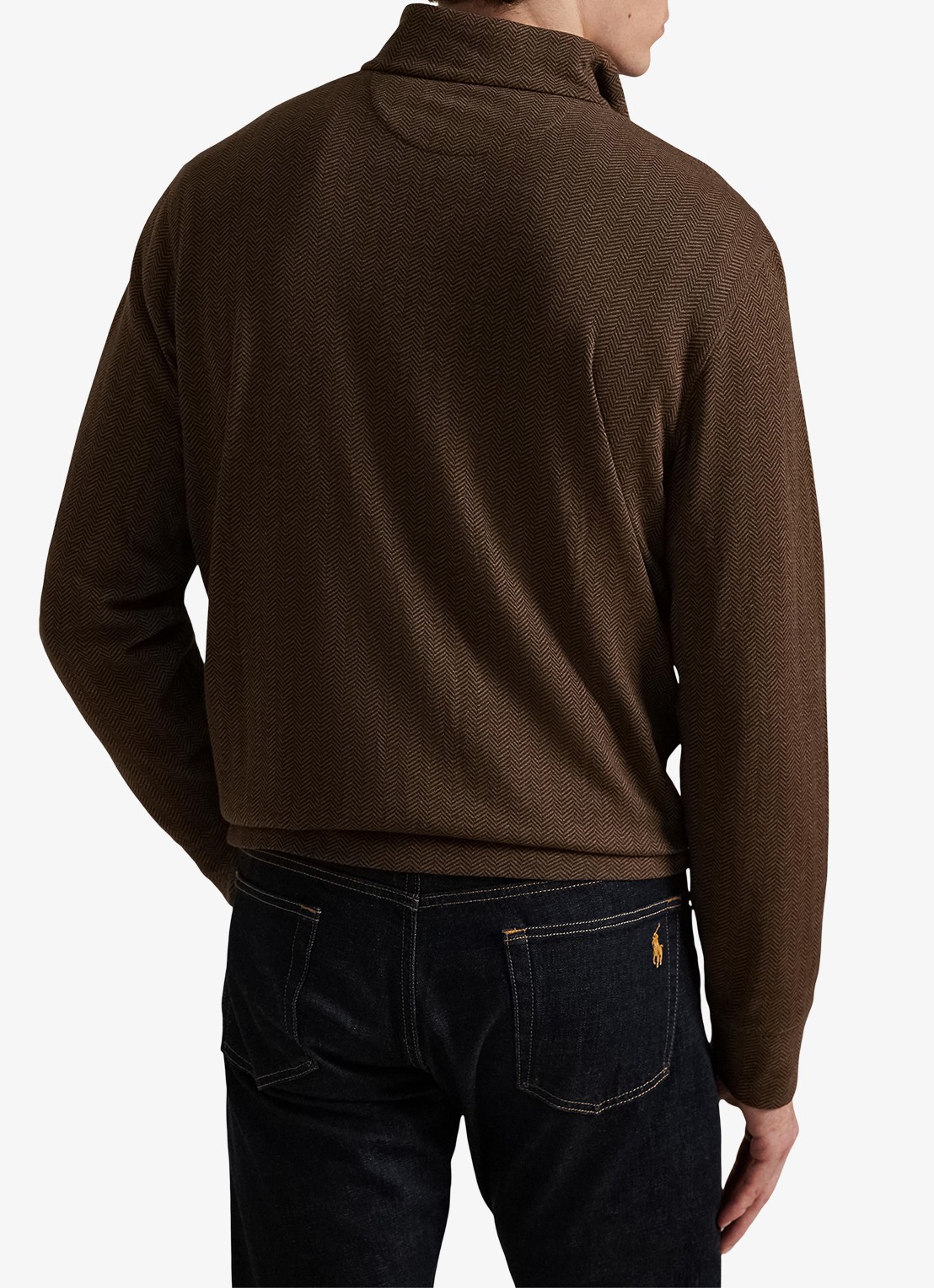 Ralph Lauren Fijngebreide trui met halve rits en visgraatdessin - achterkant cedar herringbone / donkerbruin