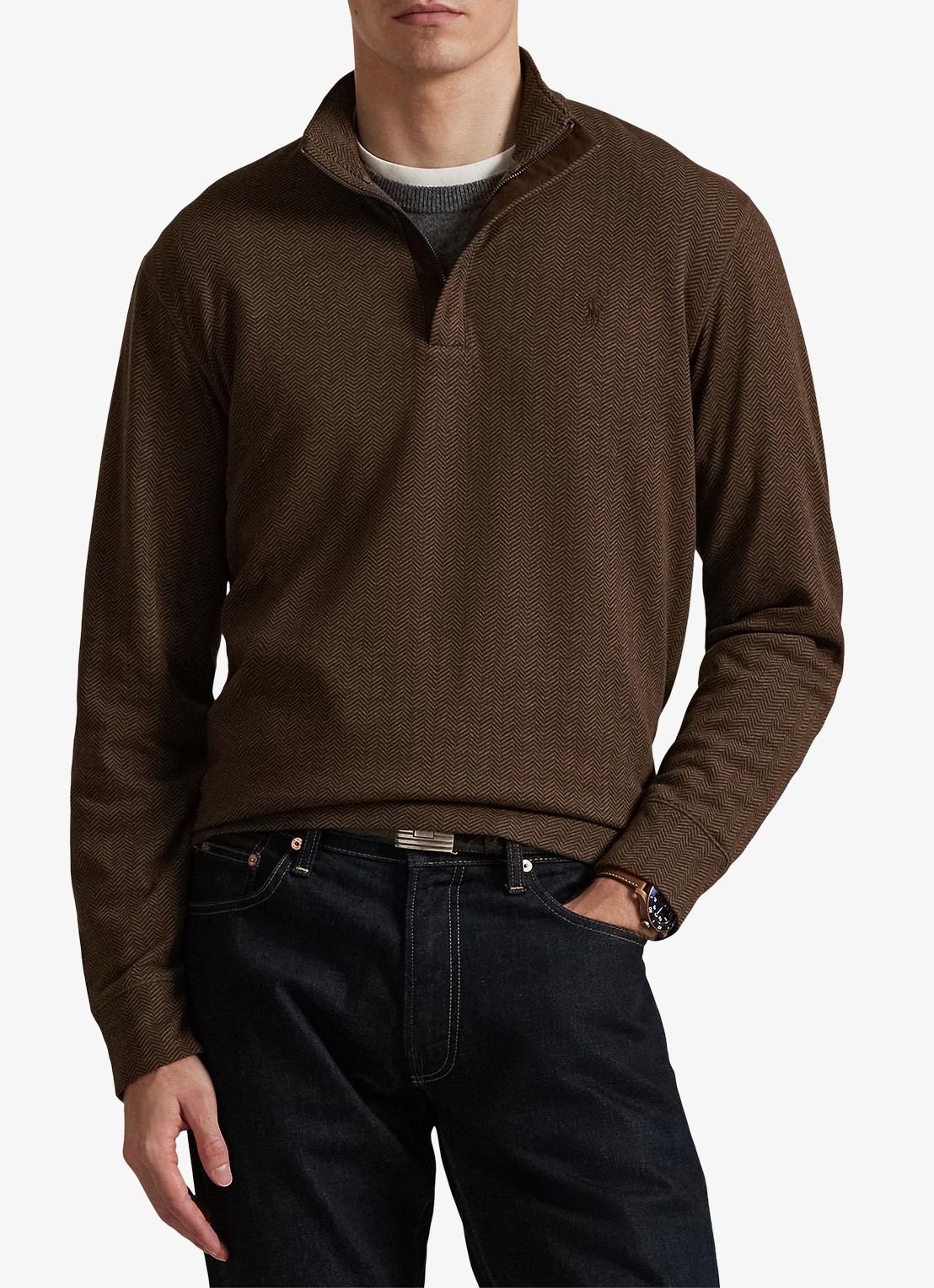 Ralph Lauren Fijngebreide trui met halve rits en visgraatdessin - detail 2 cedar herringbone / donkerbruin