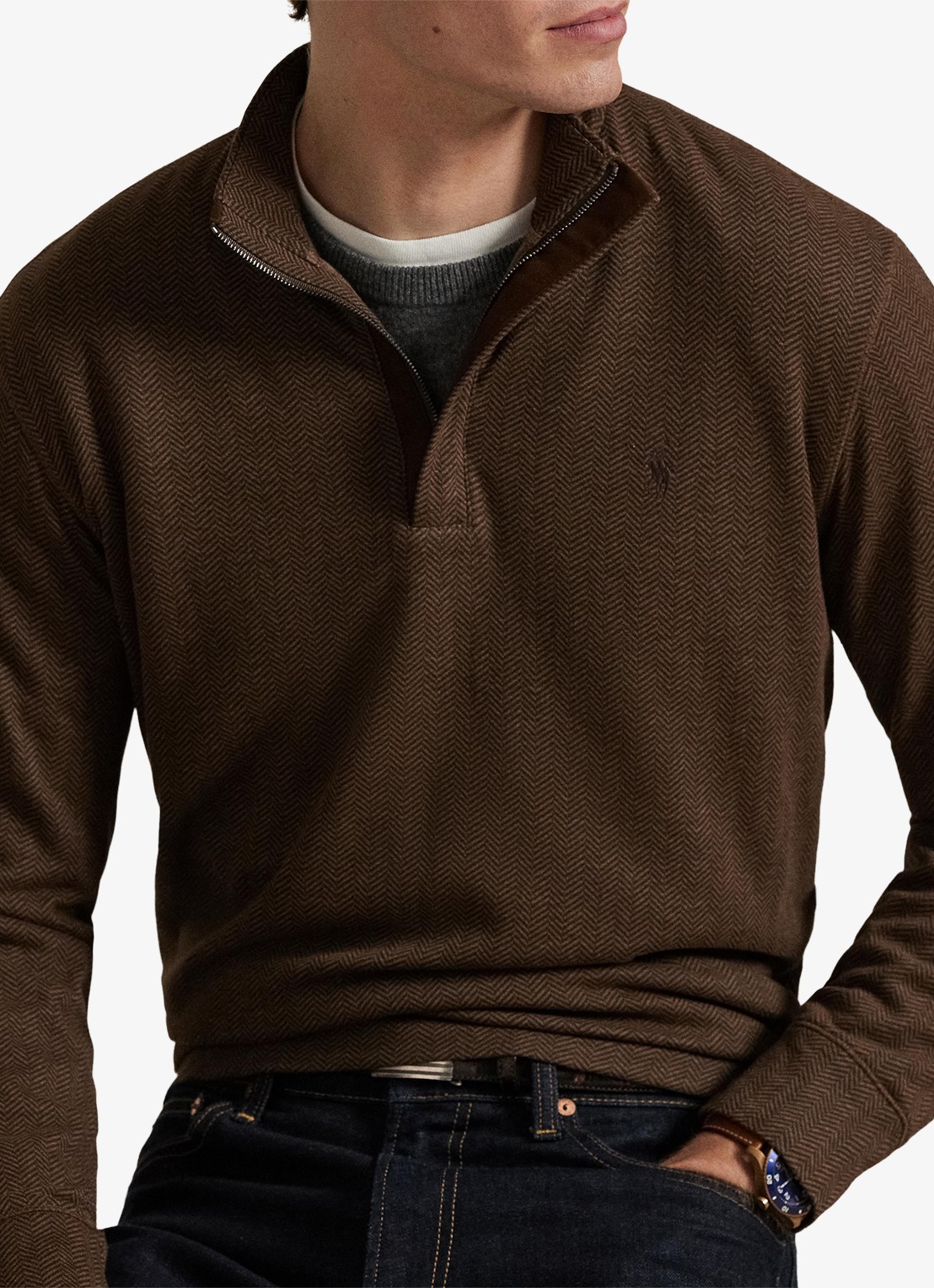 Ralph Lauren Fijngebreide trui met halve rits en visgraatdessin - detail 3 cedar herringbone / donkerbruin