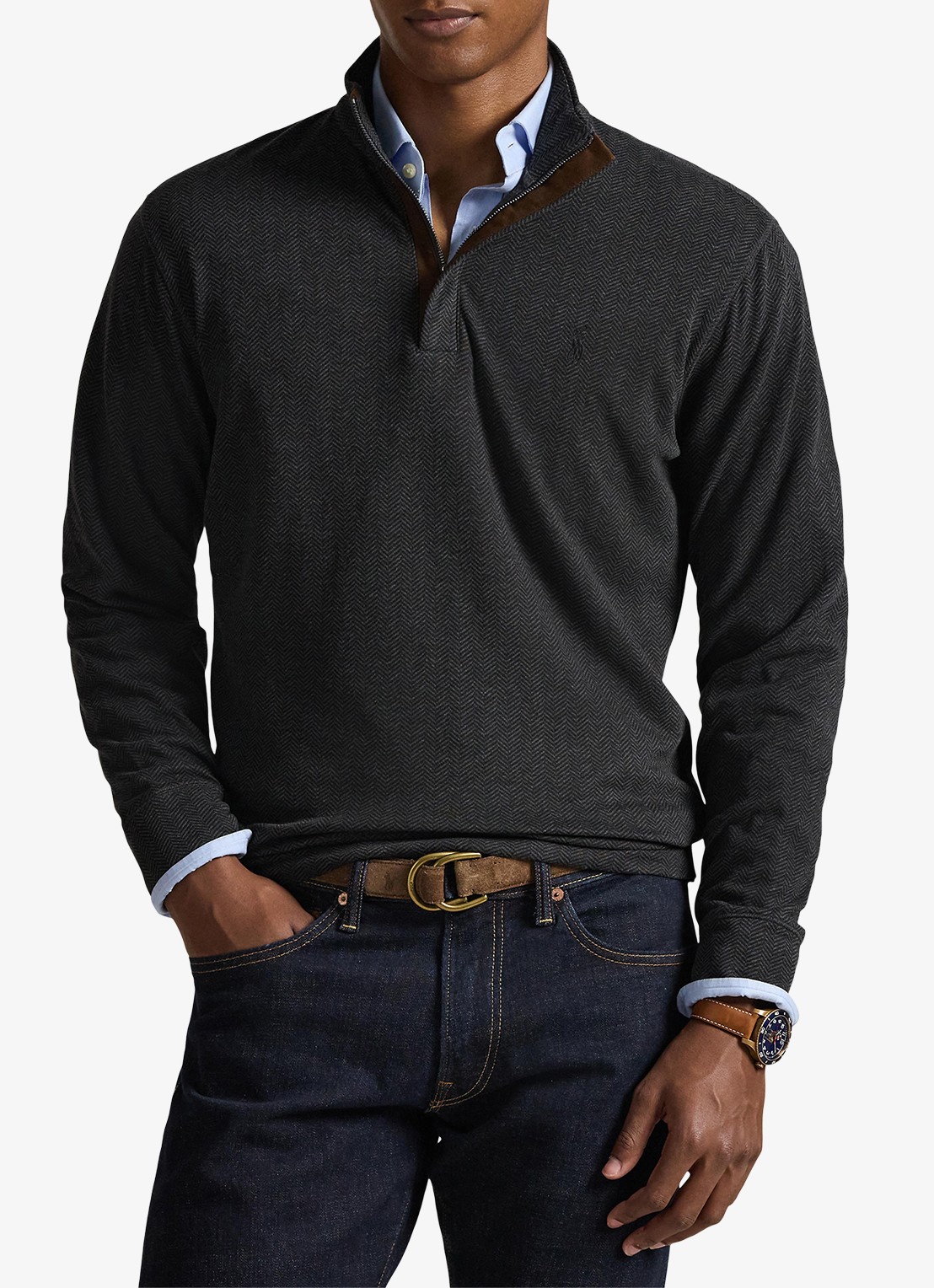 Ralph Lauren Fijngebreide trui met halve rits en visgraatdessin - detail windsor herringbone / donkergrijs