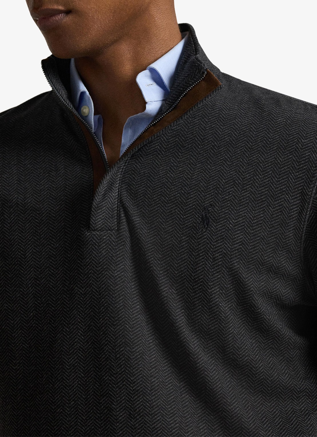 Ralph Lauren Fijngebreide trui met halve rits en visgraatdessin - detail 2 windsor herringbone / donkergrijs