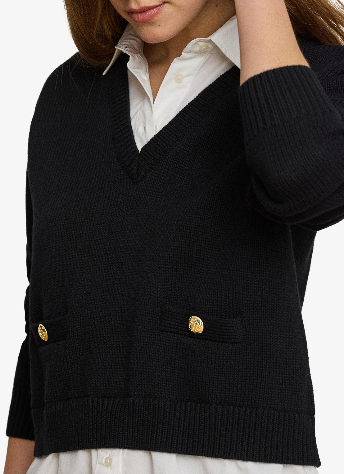 Ralph Lauren Fijngebreide trui met kraag - detail 2 black/white / zwart