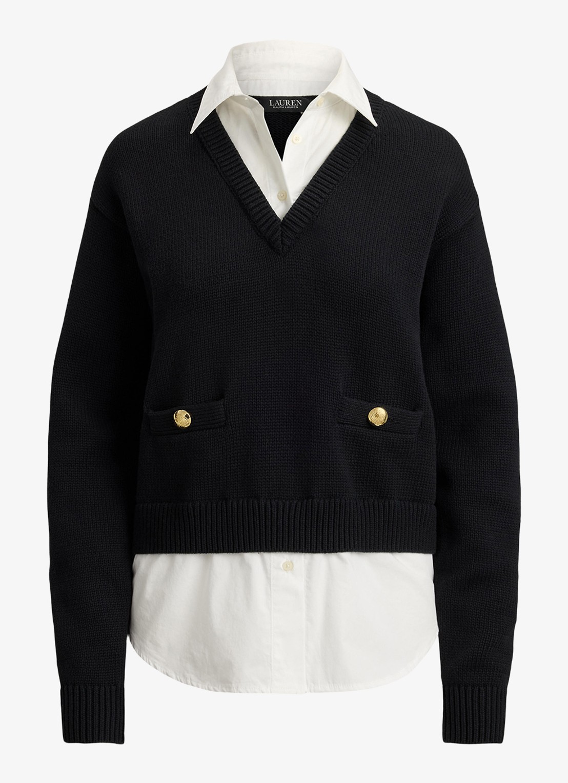 Ralph Lauren Fijngebreide trui met kraag - voorkant 4 black/white / zwart