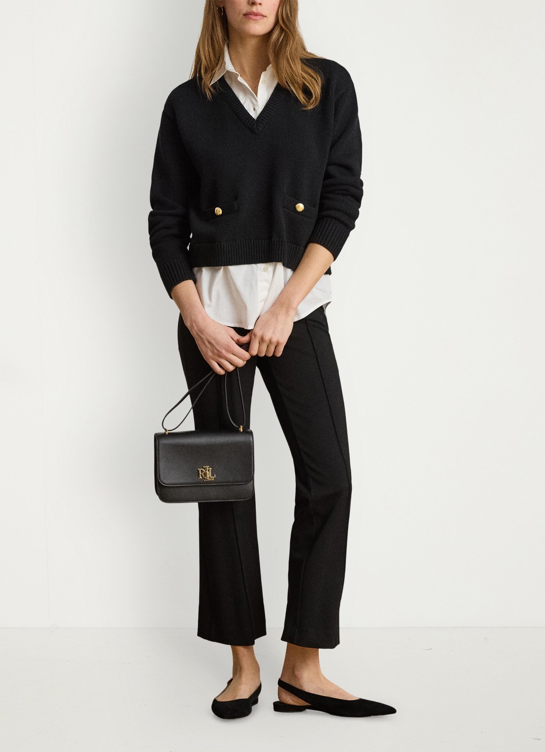 Ralph Lauren Fijngebreide trui met kraag - voorkant 5 black/white / zwart