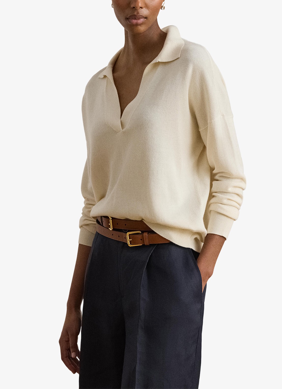 Ralph Lauren Fijngebreide trui met kraag - detail mascarpone crème / crème