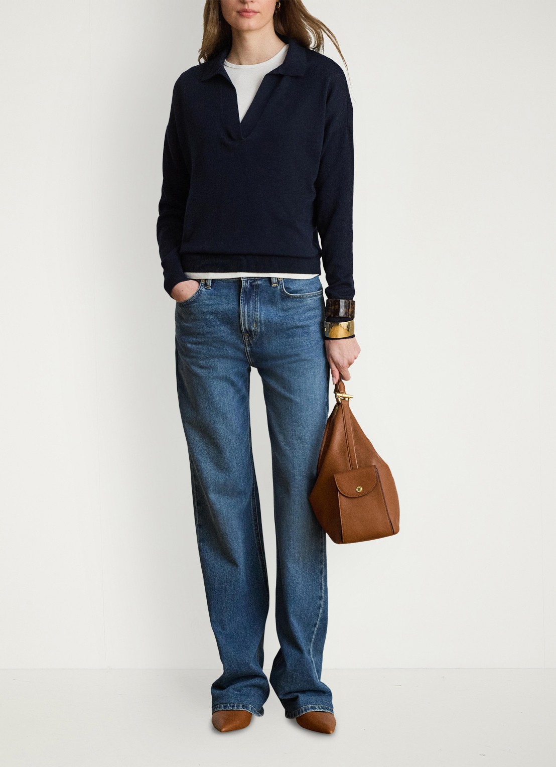 Ralph Lauren Fijngebreide trui met kraag - voorkant 4 lauren navy / blauw