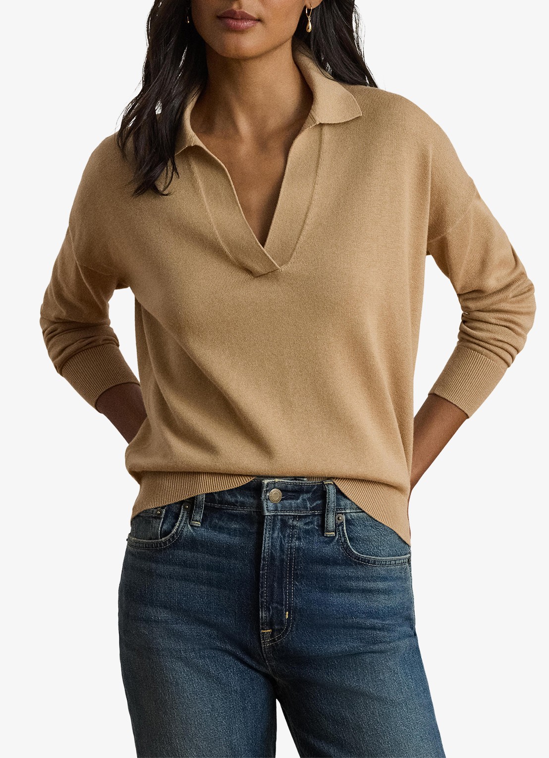 Ralph Lauren Fijngebreide trui met kraag - detail birch tan / beige