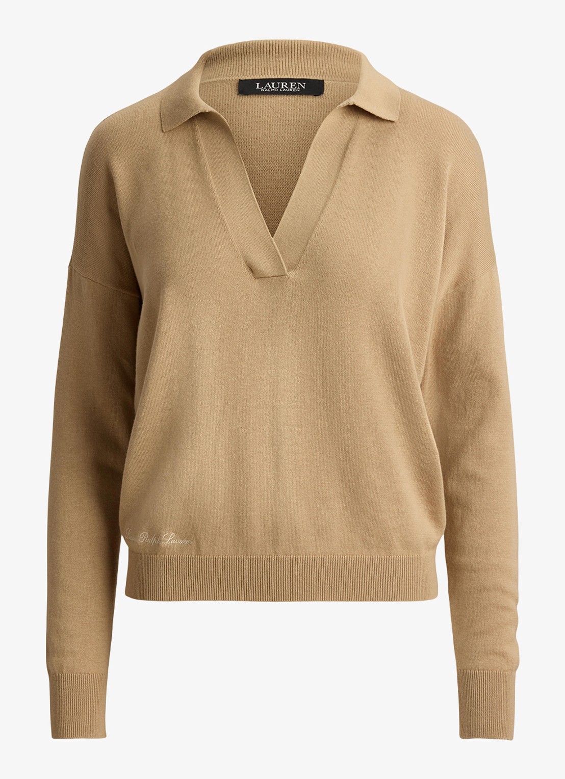 Ralph Lauren Fijngebreide trui met kraag - voorkant 3 birch tan / beige