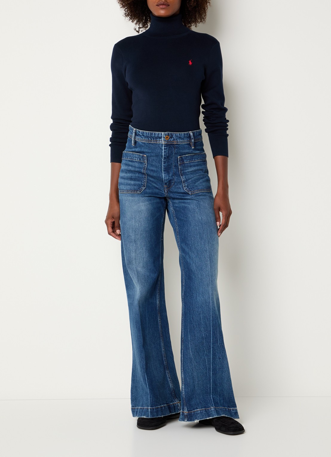 Ralph Lauren Fijngebreide trui met logo en col - voorkant 2 donkerblauw