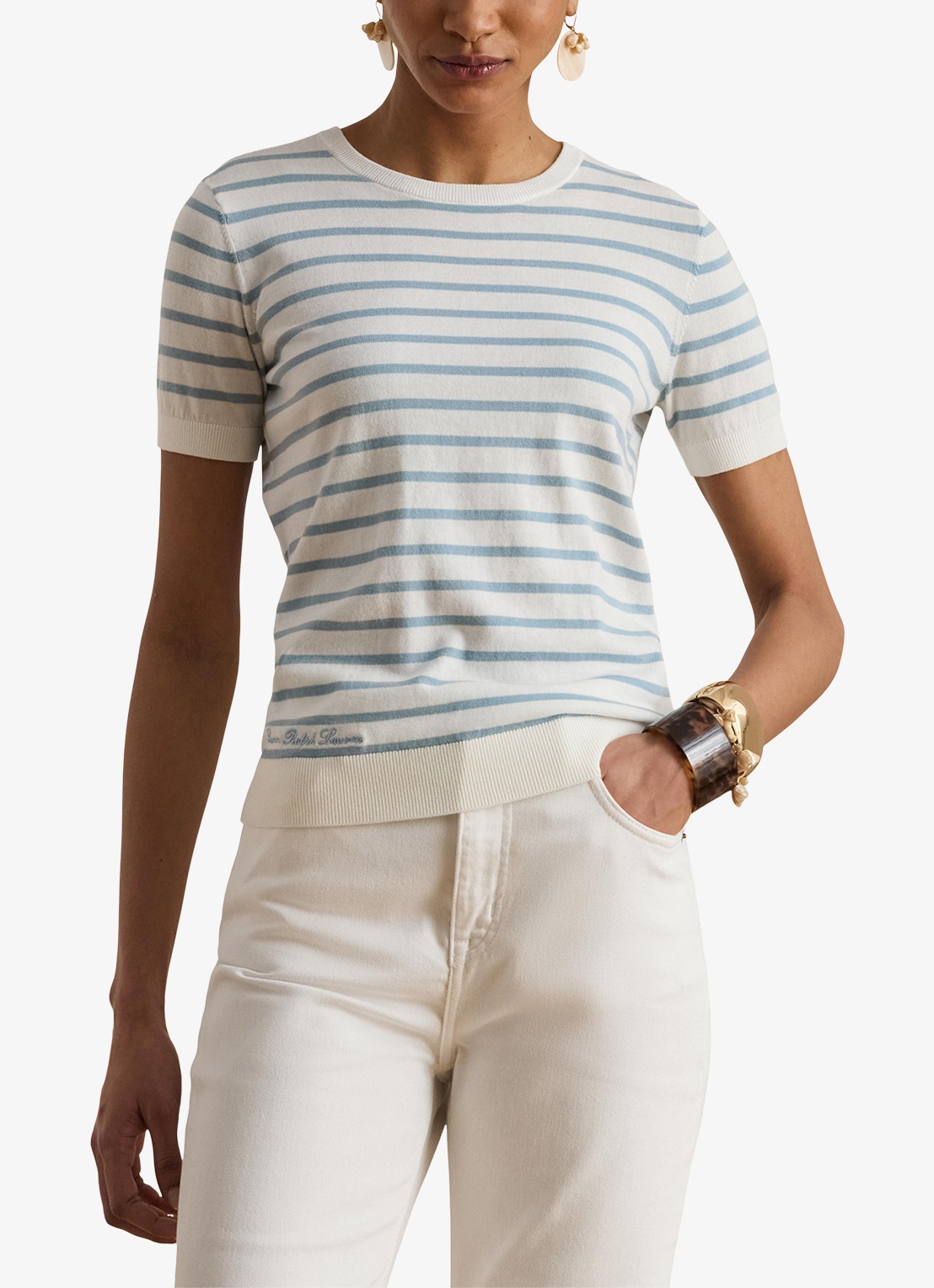 Ralph Lauren Fijngebreide trui met streepprint - detail white/blue note  / blauw
