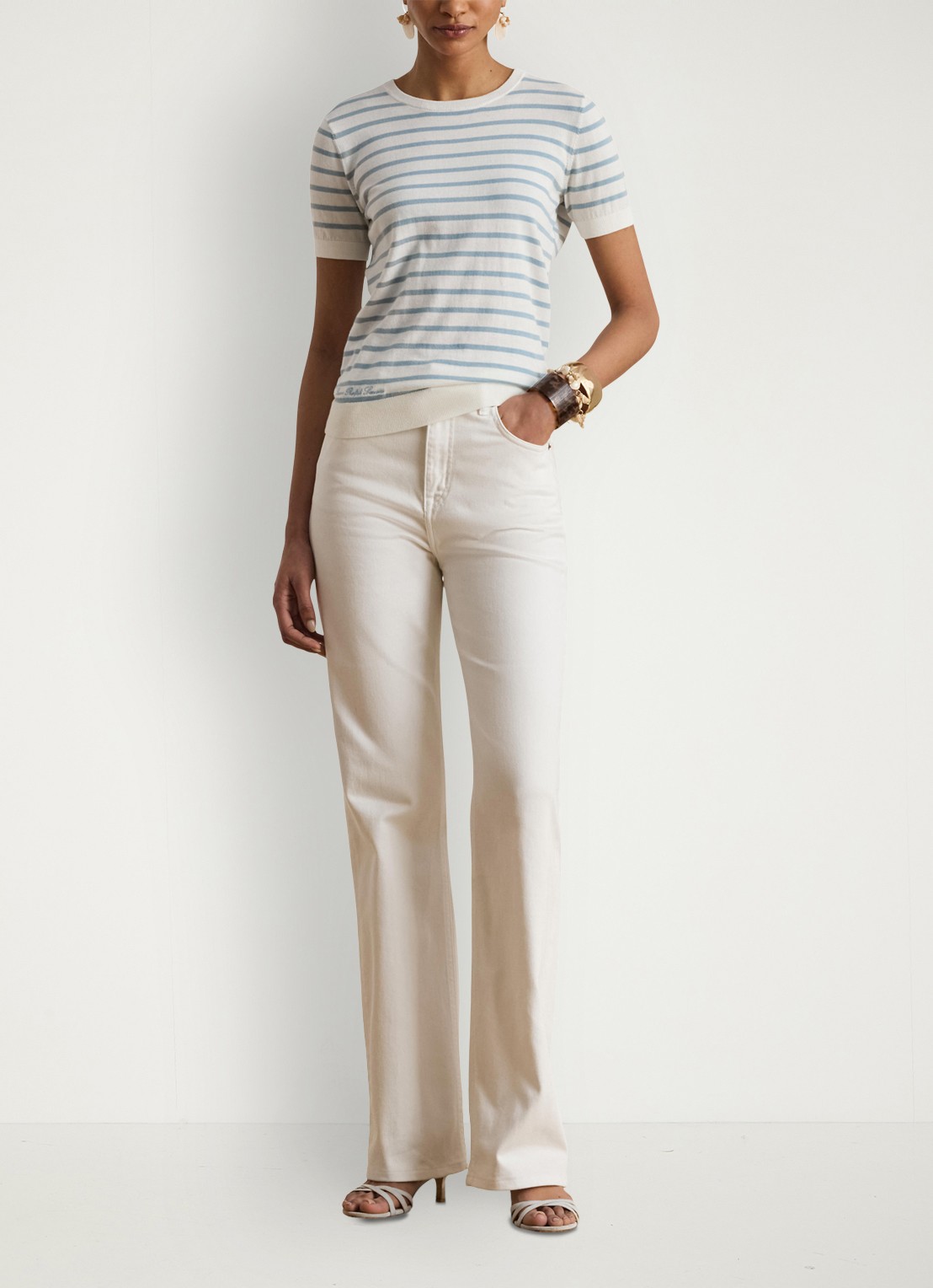 Ralph Lauren Fijngebreide trui met streepprint - voorkant 3 white/blue note  / blauw
