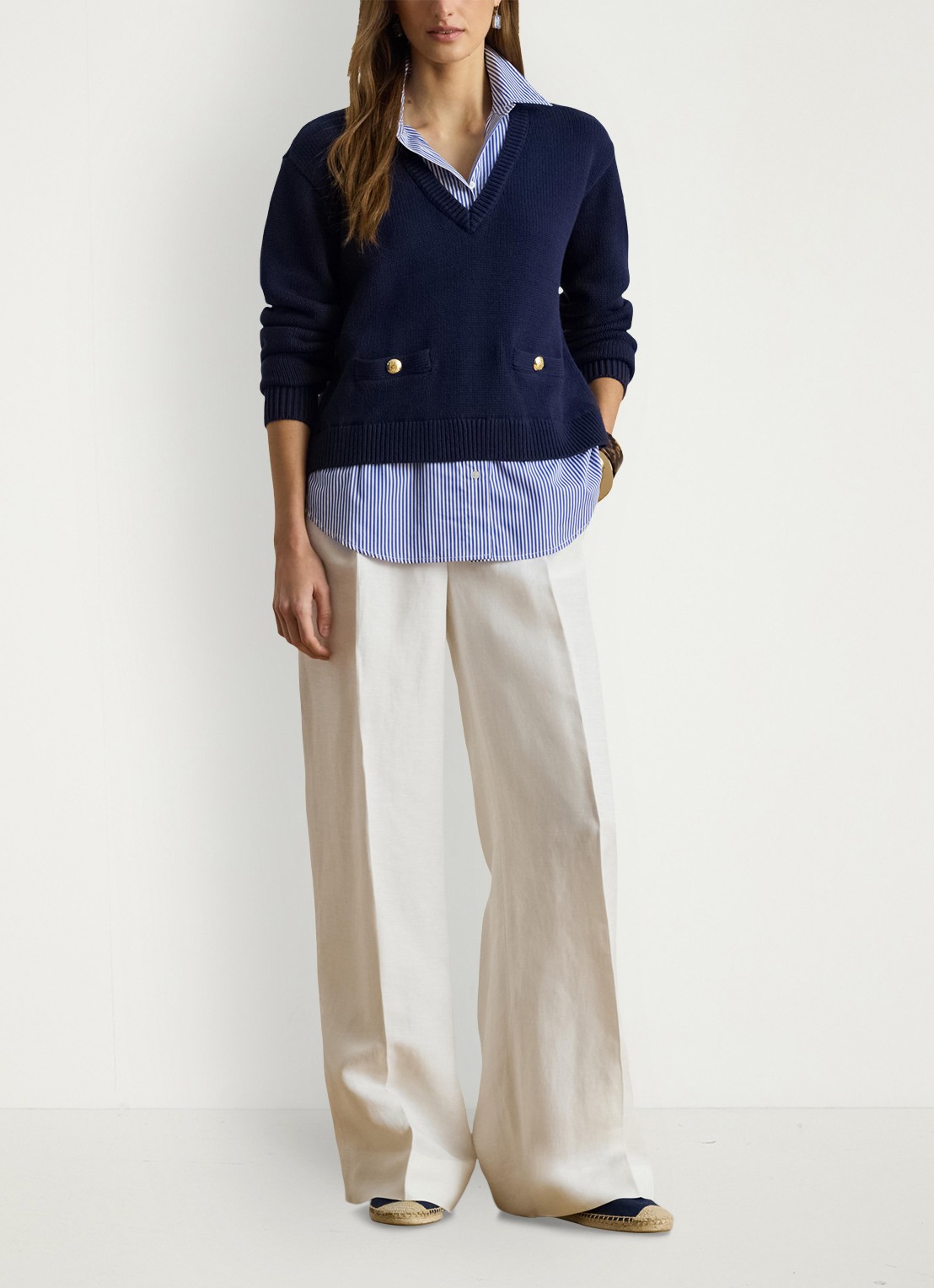 Ralph Lauren Fijngebreide trui met V-hals  - voorkant 2 refined navy multi / donkerblauw