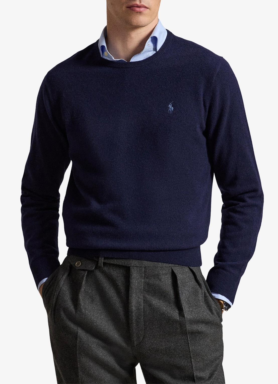 Ralph Lauren Fijngebreide trui van wol met logoborduring - voorkant 2 hunter navy / donkerblauw