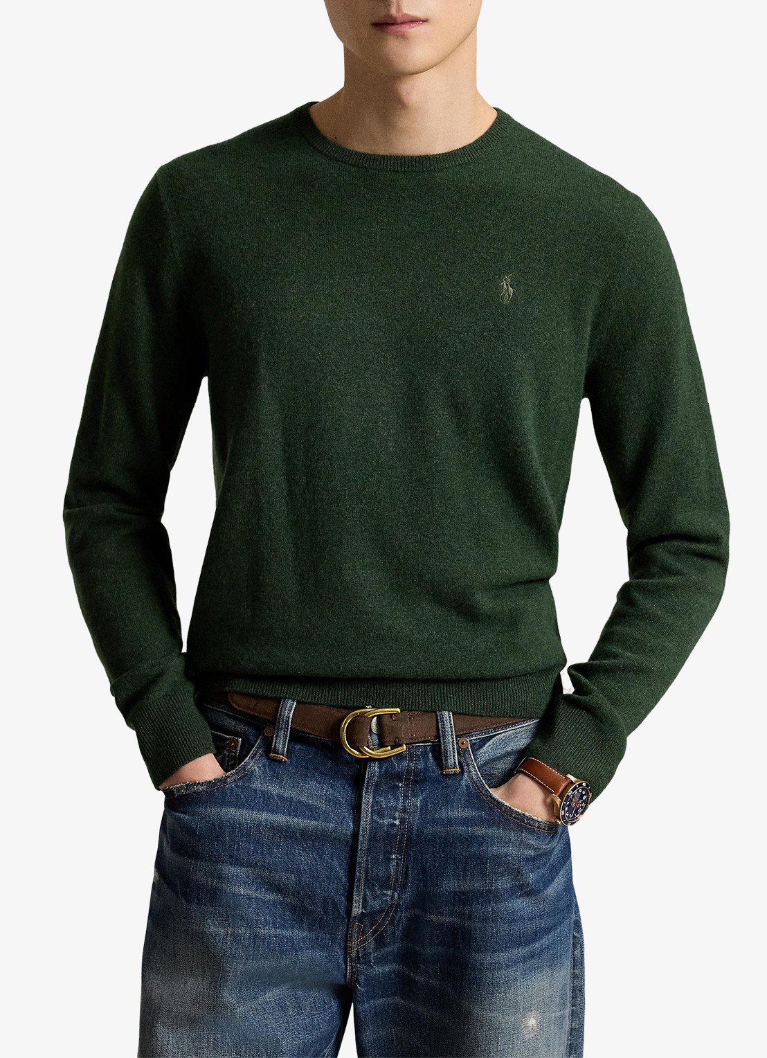 Ralph Lauren Fijngebreide trui van wol met logoborduring - voorkant 2 lodgepole pine heather/ groen
