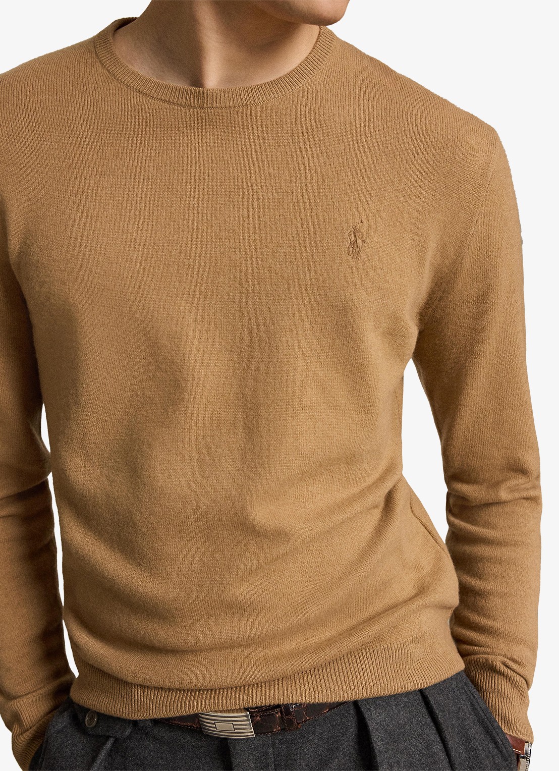 Ralph Lauren Fijngebreide trui van wol met logoborduring - detail 2 crouton tan heather / beige