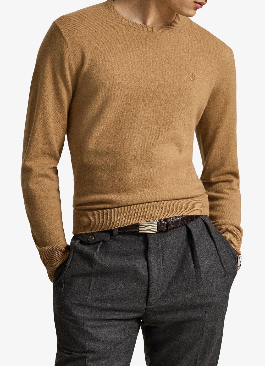 Ralph Lauren Fijngebreide trui van wol met logoborduring - voorkant 3 crouton tan heather / beige
