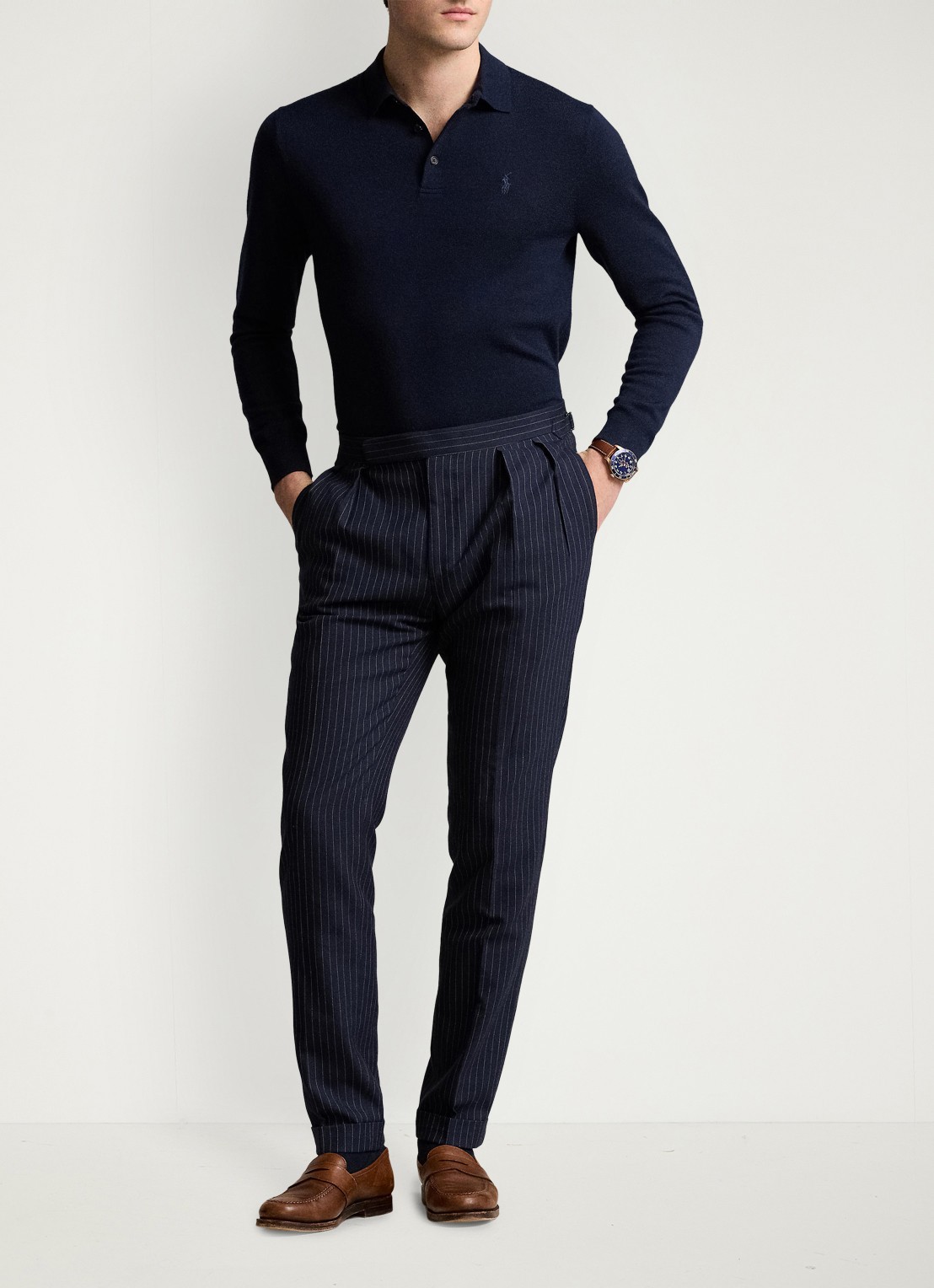 Ralph Lauren Fijngebreide trui van wol met polokraag - detail 3 donkerblauw