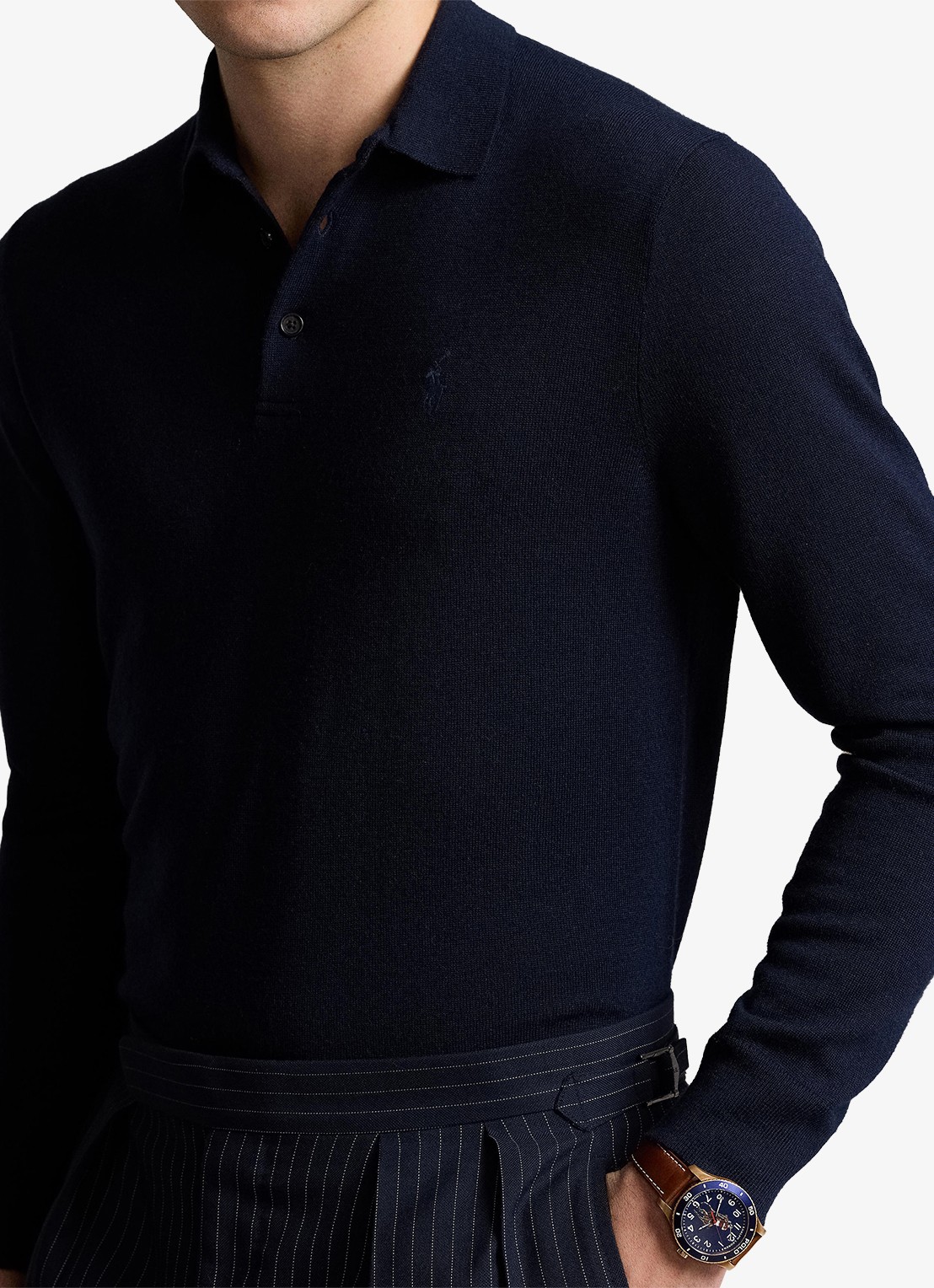 Ralph Lauren Fijngebreide trui van wol met polokraag - detail 4 donkerblauw