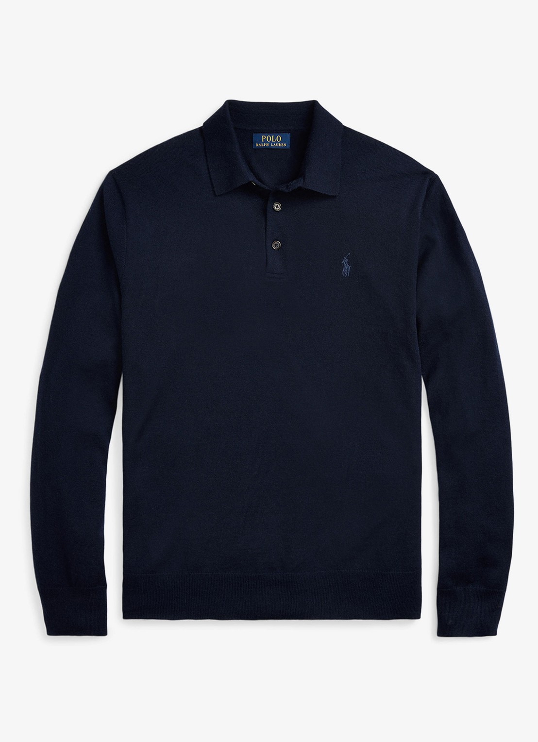 Ralph Lauren Fijngebreide trui van wol met polokraag - voorkant donkerblauw