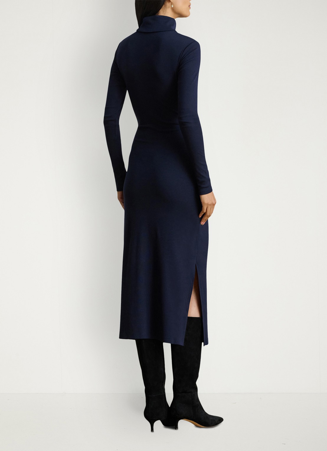 Ralph Lauren FIjngebriede midi jurk met col en strikdetail - achterkant 3 donkerblauw