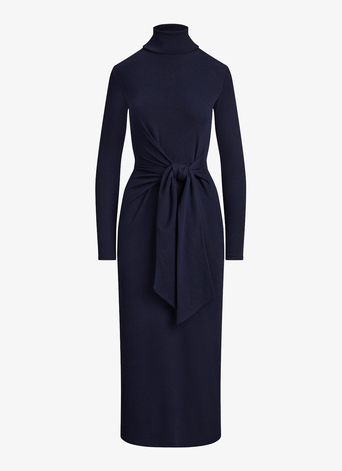 Ralph Lauren FIjngebriede midi jurk met col en strikdetail - voorkant donkerblauw