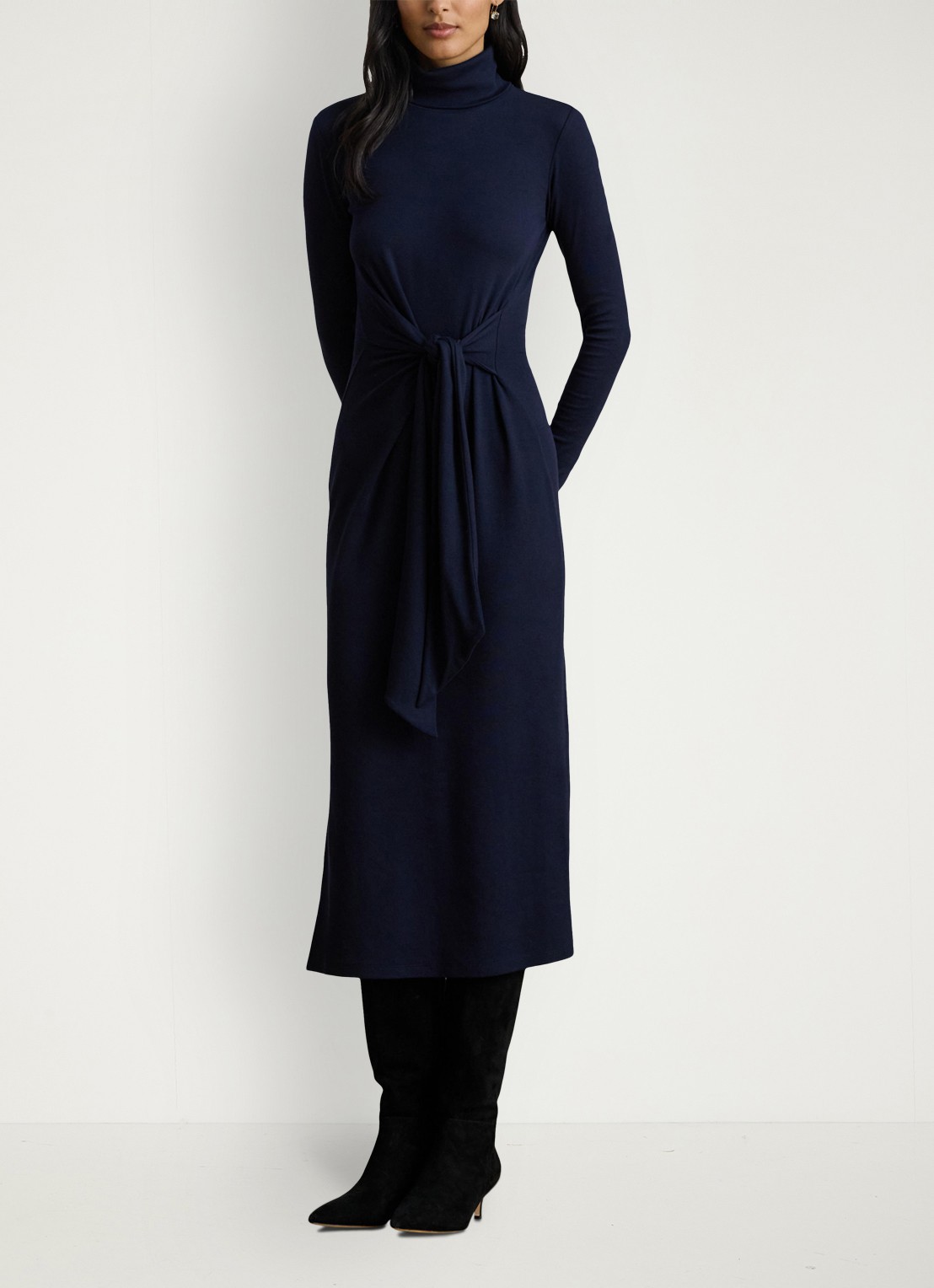 Ralph Lauren FIjngebriede midi jurk met col en strikdetail - voorkant 2 donkerblauw