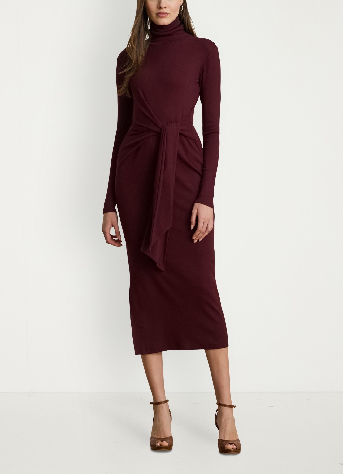 Ralph Lauren FIjngebriede midi jurk met col en strikdetail - detail 2 dark garnet / bordeauxrood