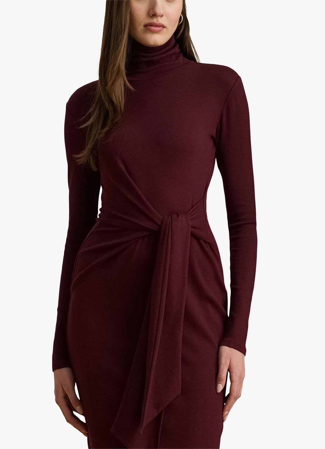 Ralph Lauren FIjngebriede midi jurk met col en strikdetail - detail 3 dark garnet / bordeauxrood