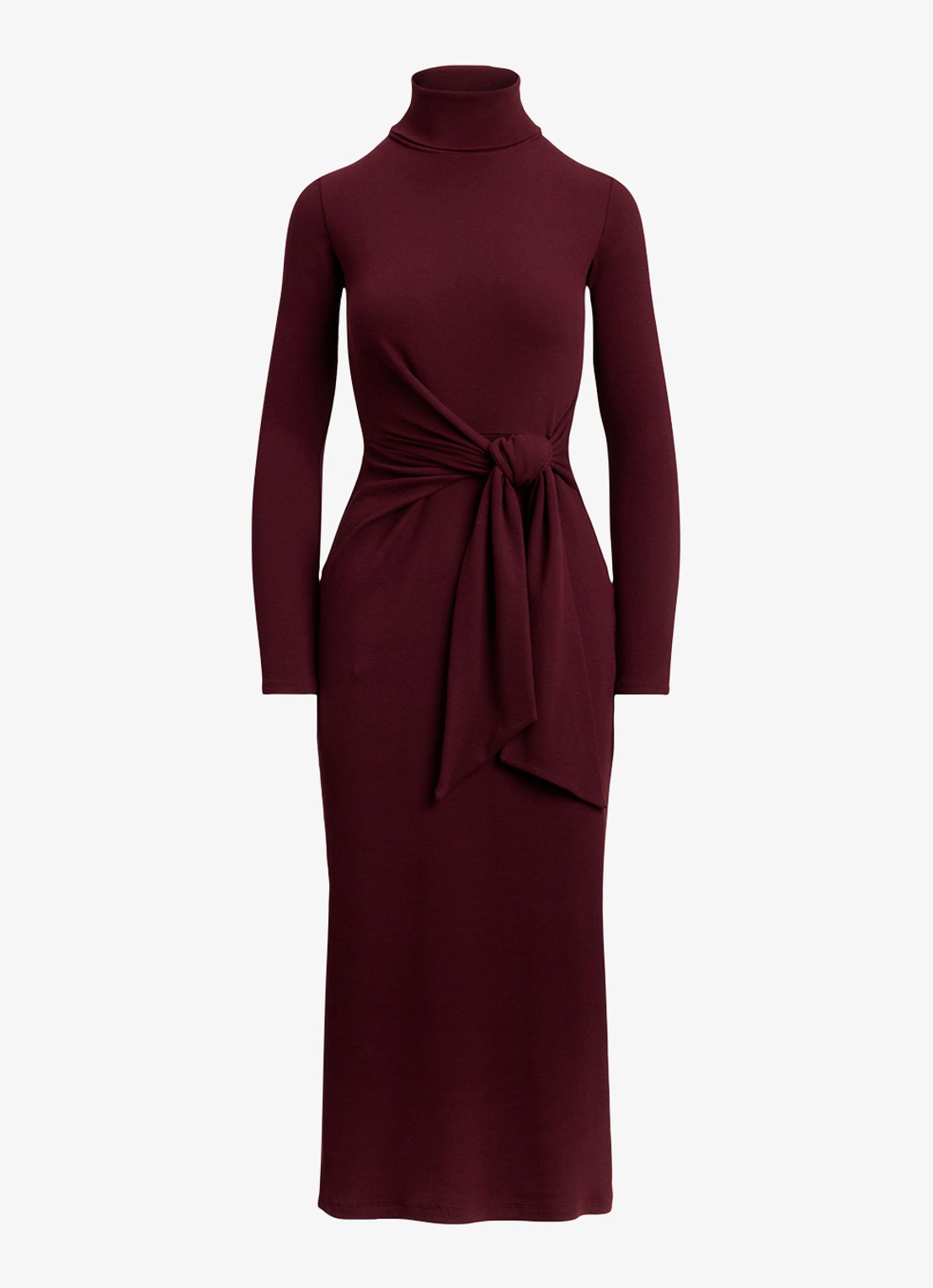 Ralph Lauren FIjngebriede midi jurk met col en strikdetail - voorkant dark garnet / bordeauxrood